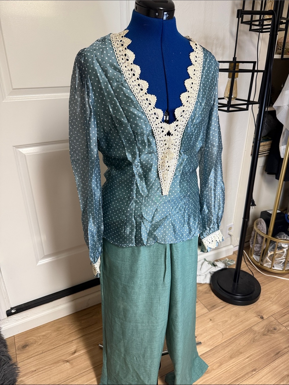 Blue Polka Dot V-Neck Lace Trim Blouse and Pants